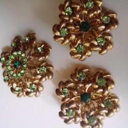 green rhinestone earrings and brooch set, vintage new old stock