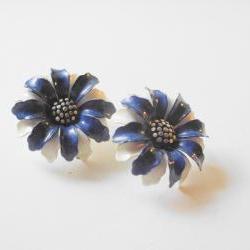 blue and white flower earrings, vintage signed trifari