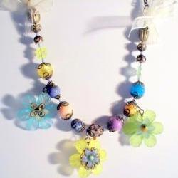 floral bib necklace with ribbon woven chain
