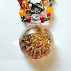 blown glass pendant necklace with beaded chain, flame flower