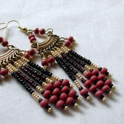 tribal earrings in red and gold seed beads